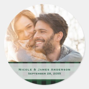 Black & Green Plaid Chequered Modern Wedding Favou Classic Round Sticker