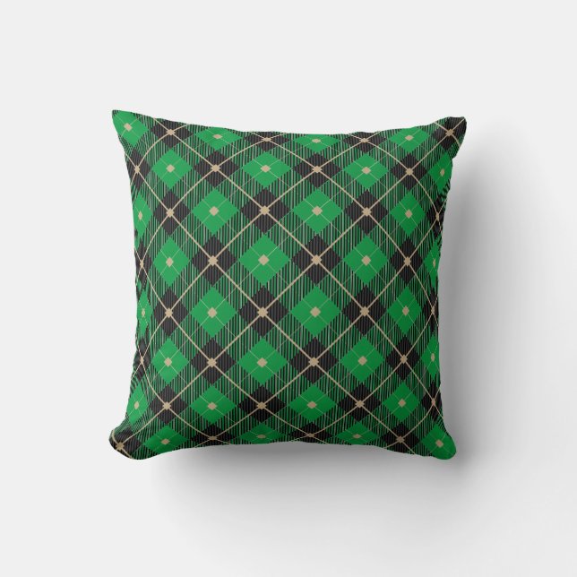 Black Green Plaid Pattern Throw Pillow (Front)
