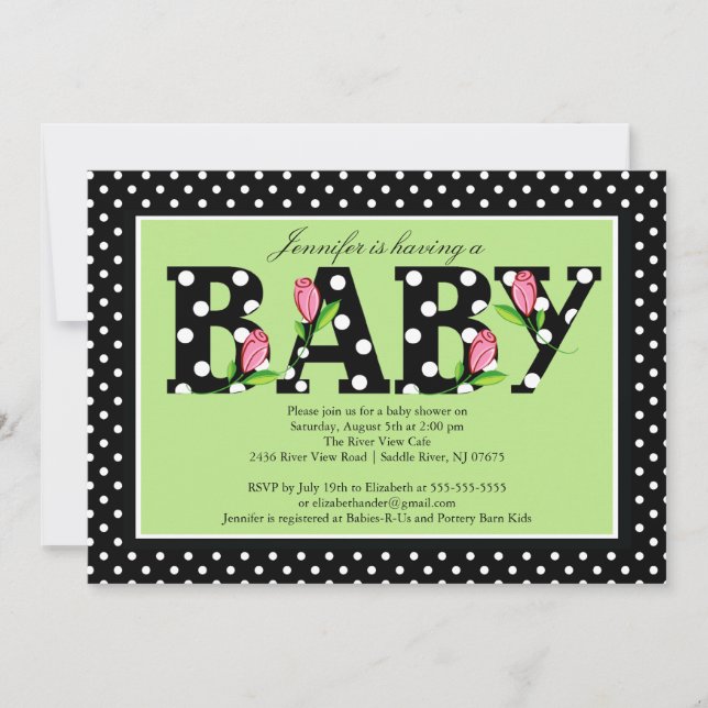 Black Green Polka Dot "baby"  Baby Shower Invitation (Front)