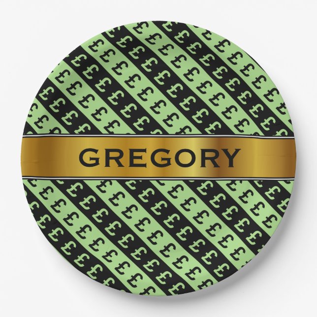 Black & Green Pound Signs (£) Striped Pattern Paper Plate (Front)