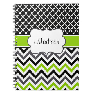 Black Green Quatrefoil Chevron Personalized Notebook