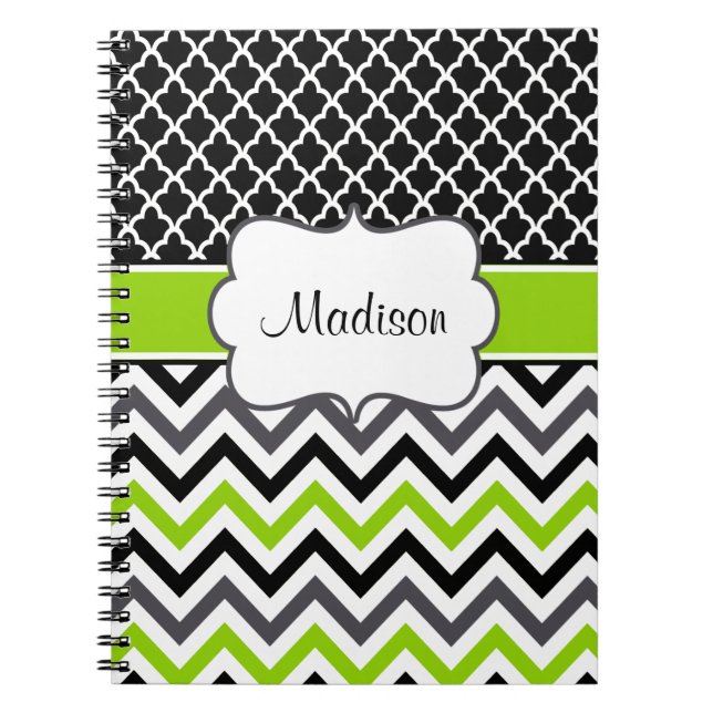 Black Green Quatrefoil Chevron Personalized Notebook (Front)