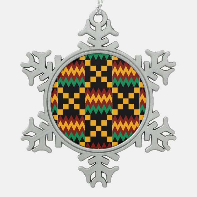 Black, Green, Red, and Yellow Kente Cloth Snowflake Pewter Christmas Ornament (Front)