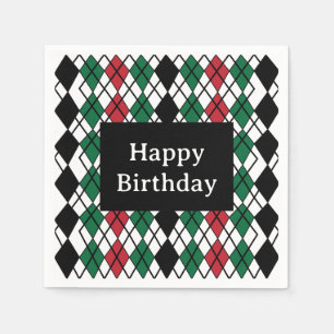 Black Green Red Argyle Pattern Birthday Napkin