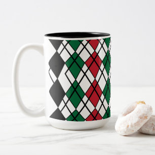 Black Green Red Argyle Pattern Two-Tone Coffee Mug