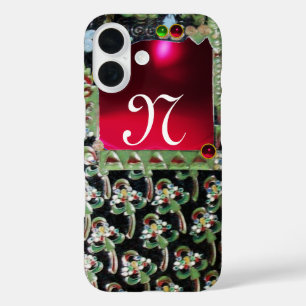 BLACK GREEN RED ART NOUVEAU GEMSTONE MONOGRAM Ruby iPhone 16 Case