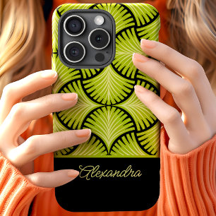 Black Green Retro 1920s Gatsby Palms Script Name iPhone 15 Case