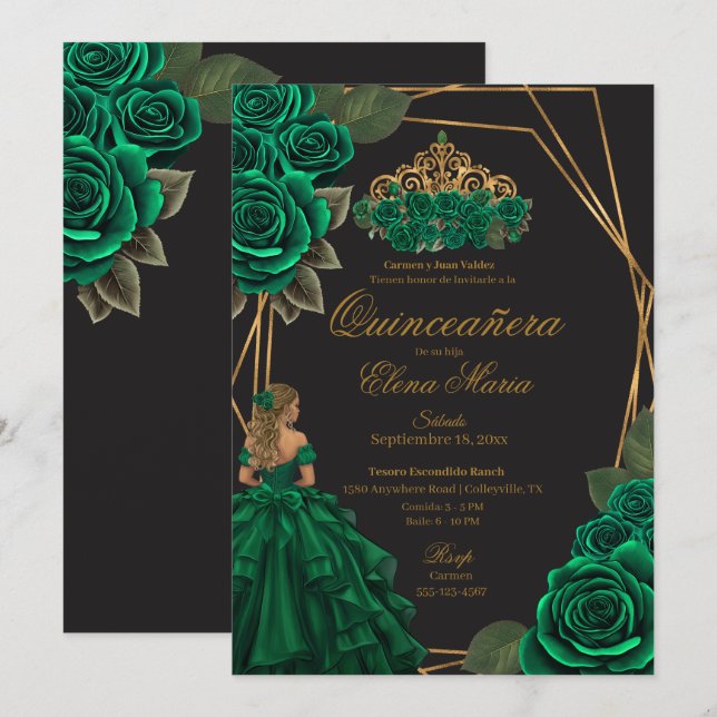 Black Green Roses Gold Princess Quinceañera  Invitation (Front/Back)