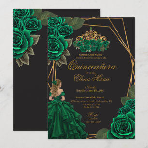 Black Green Roses Gold Princess Quinceañera  Invitation
