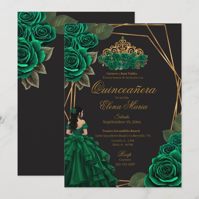Black Green Roses Gold Princess Quinceañera  Invitation (Front/Back)