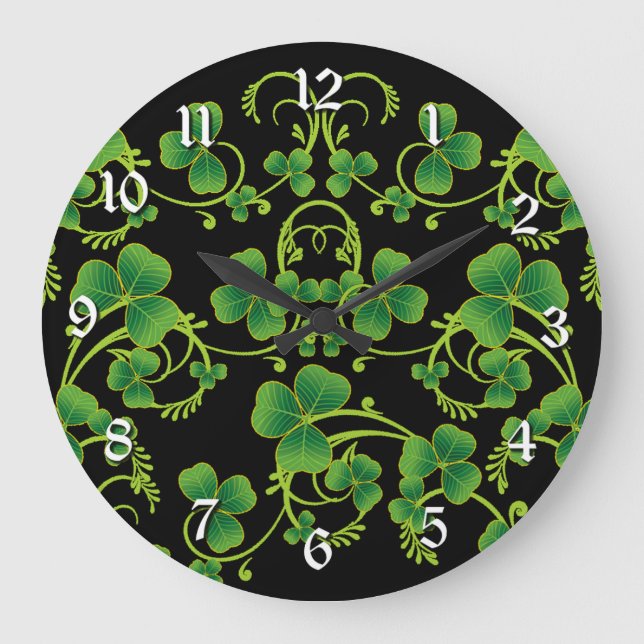 Black & Green Shamrock Vines Wall Clock (Front)