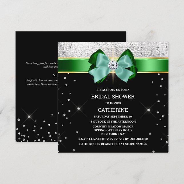 Black green silver shimmer bow sparkle glitter invitation (Front/Back)
