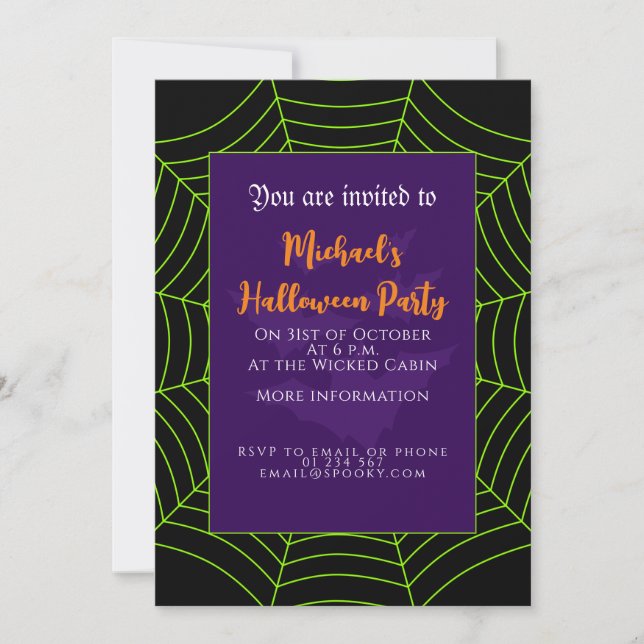 Black green spider web bats purple Halloween Invitation (Front)