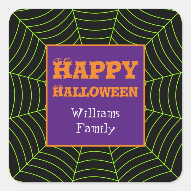 Black green spiderweb Halloween pattern Personaliz Square Sticker (Front)