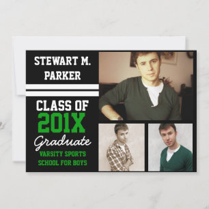 Black/Green Sporty Boys 3 Photo Graduation Invitation