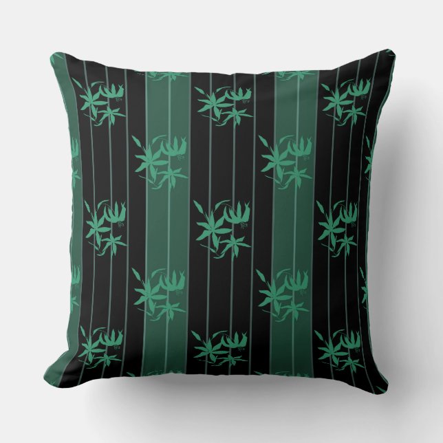 Black green striped pattern with lily flower decor throw pillow (Front)