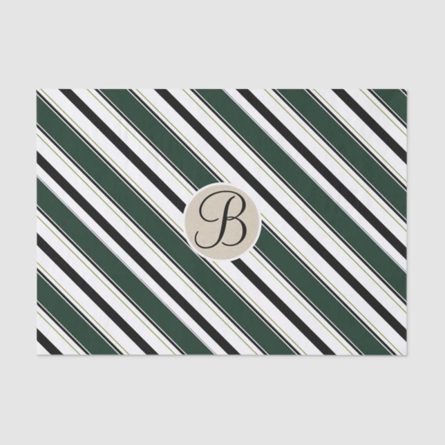 Black Green Stripes Kraft Monogram Letter Initial Tissue Paper (Front)