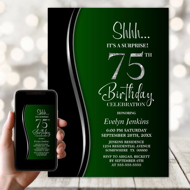 Black Green Surprise 75th Birthday Invitation (Creator Uploaded)