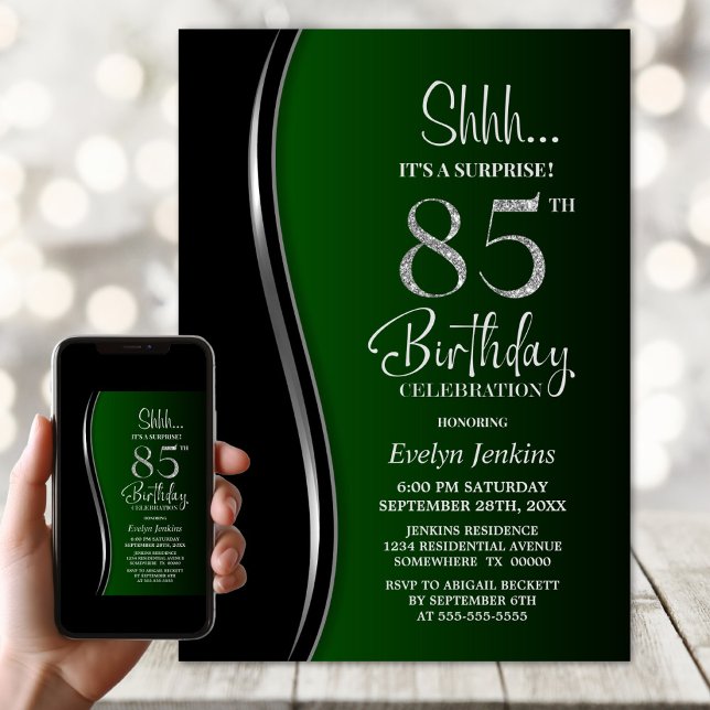 Black Green Surprise 85th Birthday Invitation (Creator Uploaded)