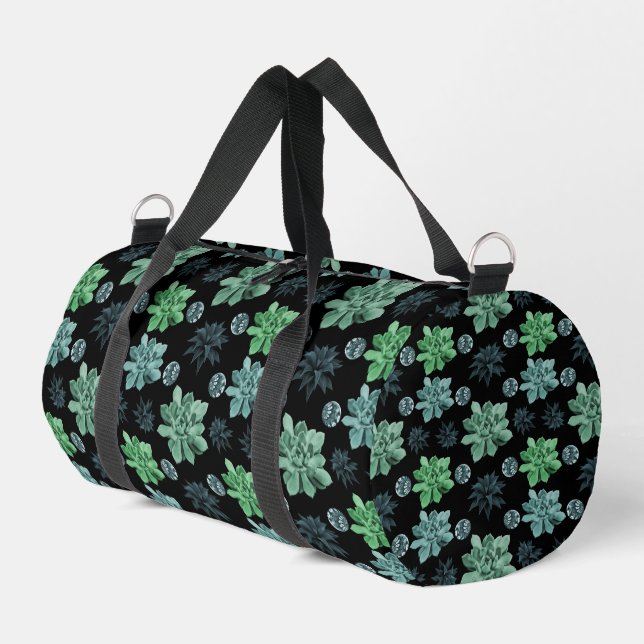Black Green Teal Botanical Garden Pattern Duffle Bag (Left Corner)
