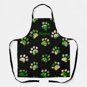 Black Green Texture Paw Print Pattern Personalized Apron