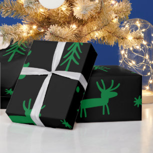 Black Green Tree Illustration Christmas Pattern Wrapping Paper