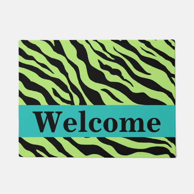 Black Green Turquoise Zebra Skin Pattern Welcome Doormat (Front)