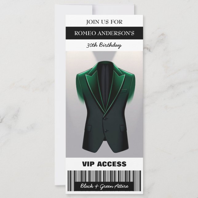 Black Green Tuxedo Birthday Ticket Invitation (Front)