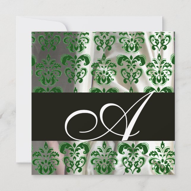BLACK GREEN WHITE SILK DAMASK CLOTH MONOGRAM INVITATION (Front)