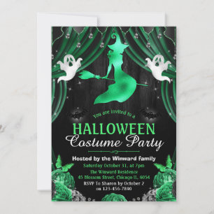 Black & Green Witch & Shimmer Curtains Halloween Invitation