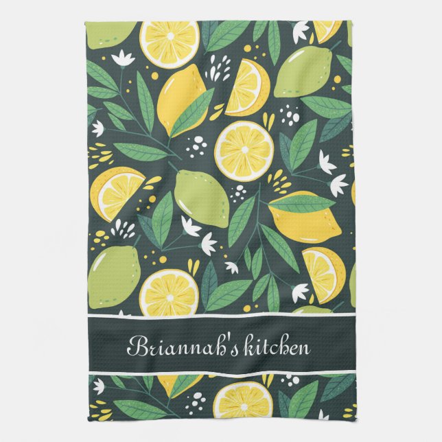Black green yellow lemon pattern custom text kitchen towel (Vertical)