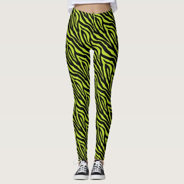 Black Green Zebra Print Pattern Leggings (Front)