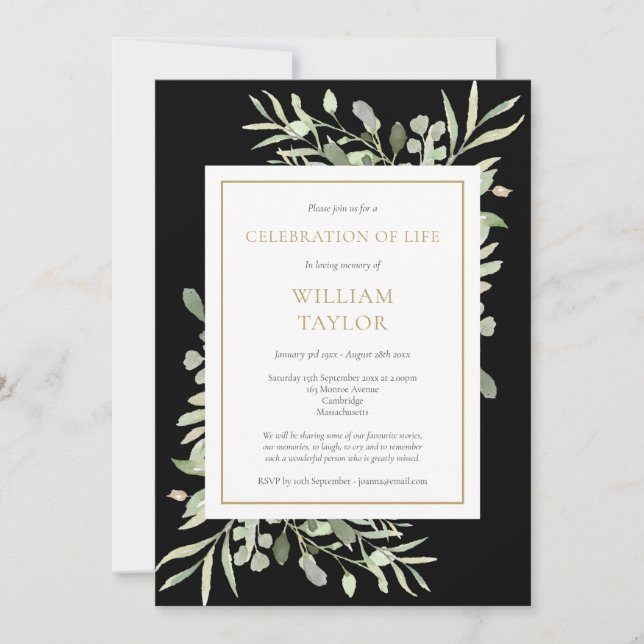 Black Greenery Celebration of Life Photo Funeral  Invitation (Front)