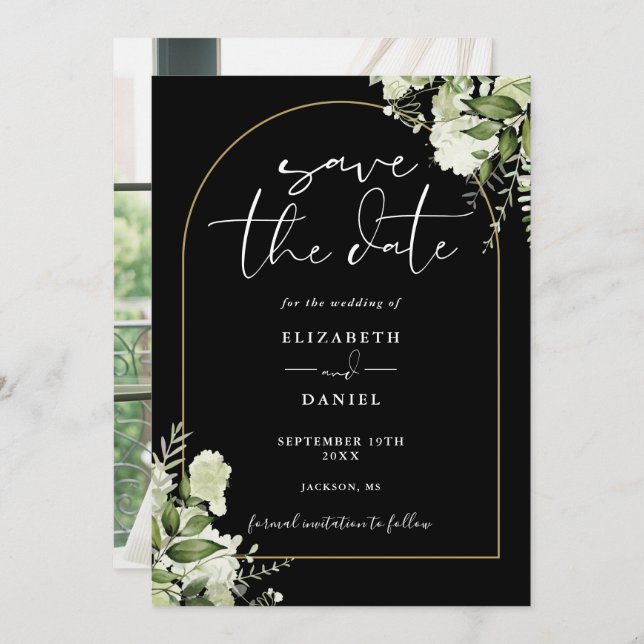 Black Greenery Floral Gold Arch Photo Wedding Save The Date (Front/Back)
