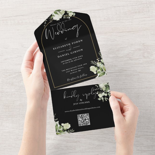 Black Greenery Floral Gold Arch QR Code Wedding All In One Invitation (Tearaway)