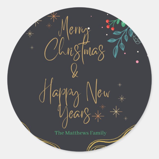 Black Greenery Gold Christams  Classic Round Sticker (Front)