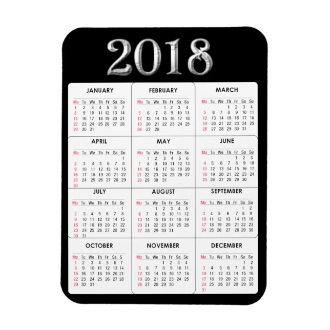 Black Grey 2018 Calendrier Refrigerator Magnet (Vertical)