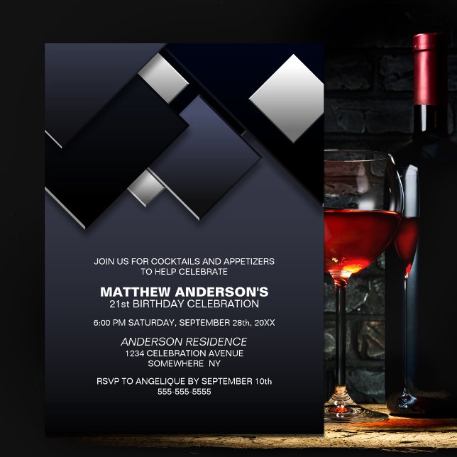 Black Grey 21st Cocktail Birthday Party Invitation (Creator Uploaded)