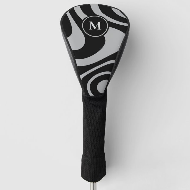 Black Grey Abstract Design Custom Initial Driver Golf Head Cover (Front)