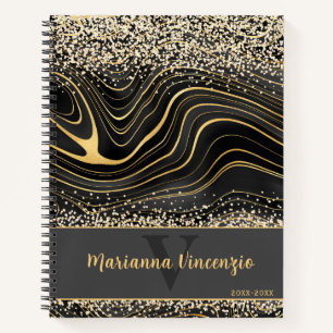 Black Grey Agate Gem Glitter and Gold Notebook