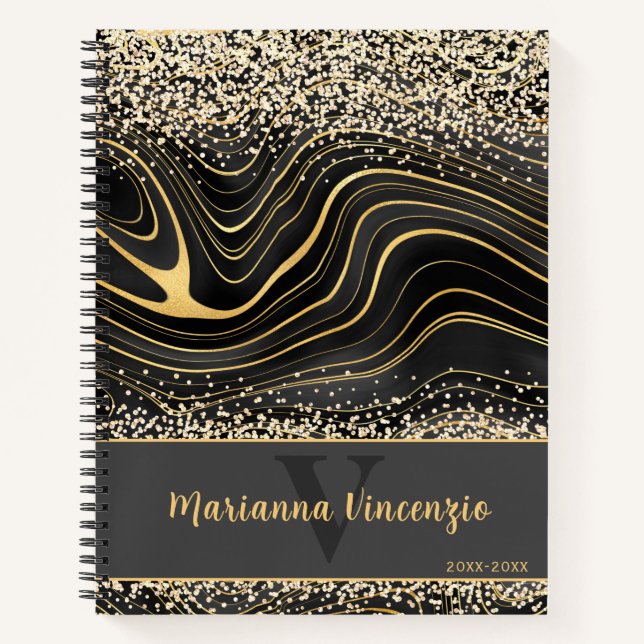 Black Grey Agate Gem Glitter and Gold Notebook (Front)