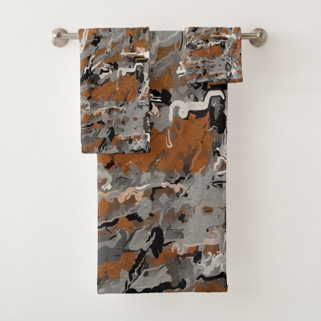 Black, Grey and Caramel Abstract Bath Towel Set (Insitu)