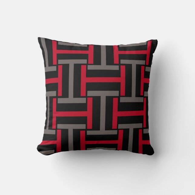 Black, Grey and Red T Weave Throw Pillow (Front)