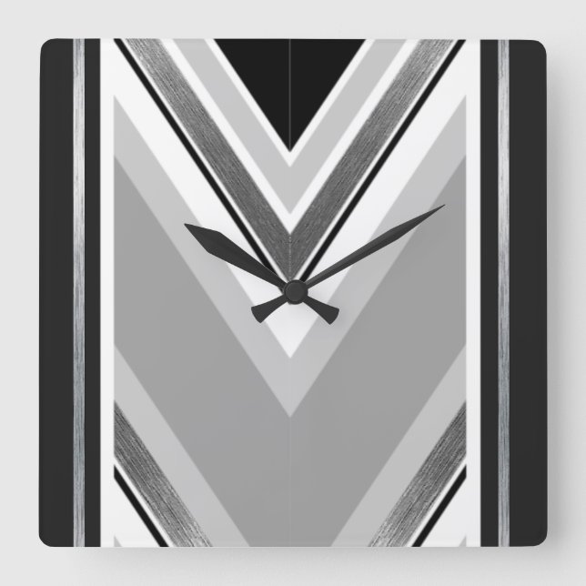 Black, grey, and white diagonal metallic striped square wall clock (Front)