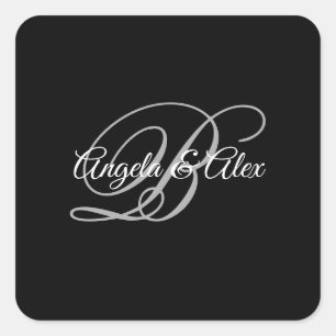 Black Grey and White Fancy Script Monogram Square Sticker