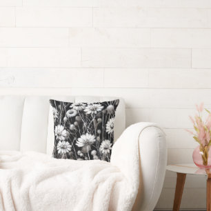 Black, Grey and White Field of Wildflowers Throw Pillow