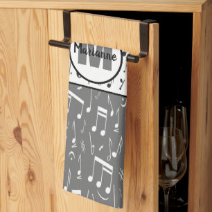 Black grey and white music notes kitchen towel