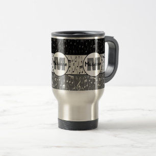 Black grey and white music notes travel mug