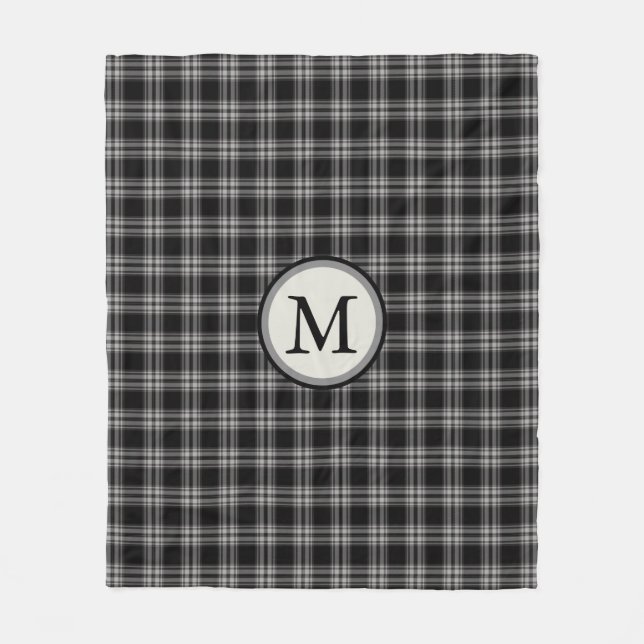 Black Grey And White Plaid Pattern Monogram Fleece Blanket (Front)