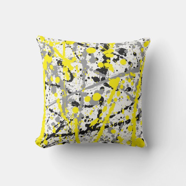 Black Grey and Yellow Ink Splatter Throw Pillow (Front)
